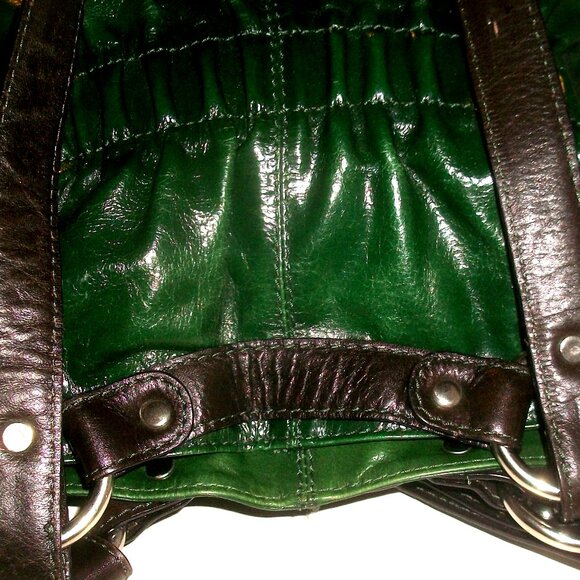 Vtg Nino Bossi Large Rectangular Green & Brown Leather Lined Shoulder Bag - Picture 8 of 14